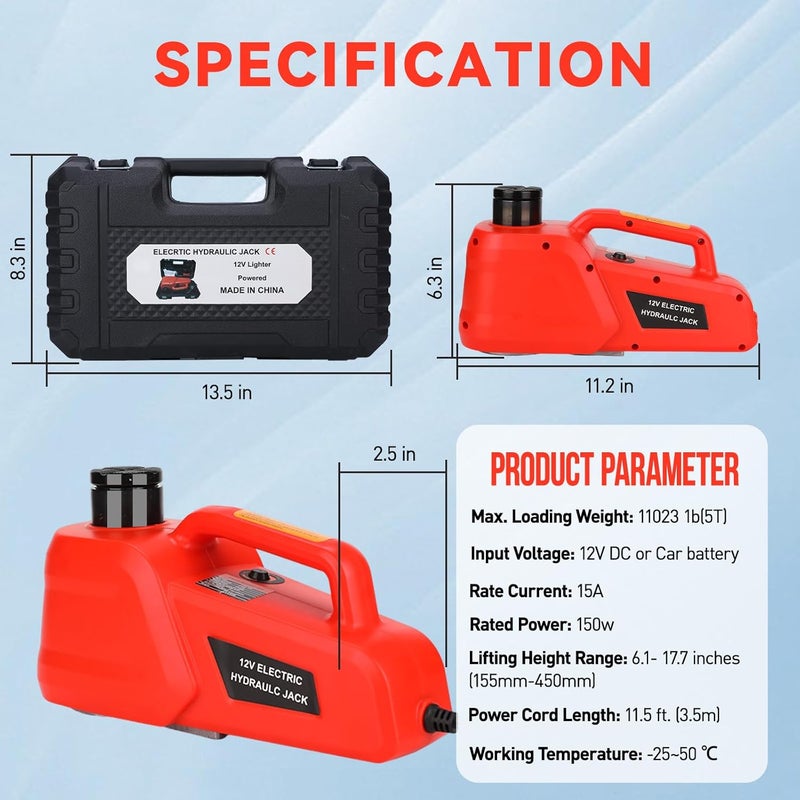 Trihelper Electric Car Jack 5 Ton 12V Hydraulic Jack Portable Car Lift Floor Jack Stand for Sedans SUV MPV Sedan Truck Change Tires Garage Repair Roadside Emergency Kit - Image 5